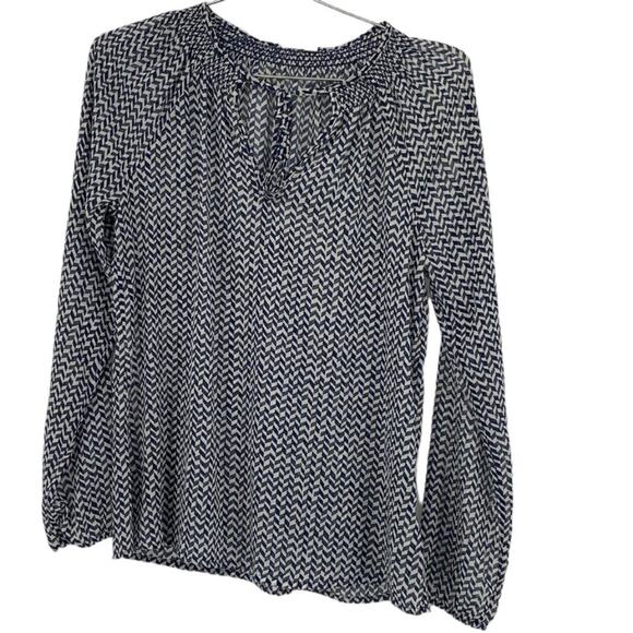 Gap Blue and Gray Allover Geo Print Sheer Smock Tie Blouse Top - Picture 1 of 5